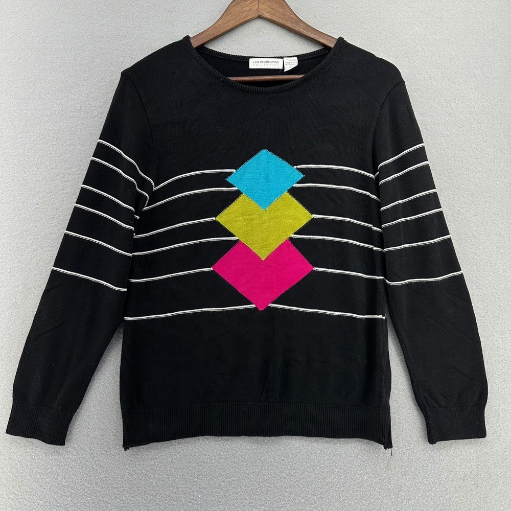 80s Liz Claiborne Collection Geometric Sweater Knit‎ Black SZ S/M Made in USA